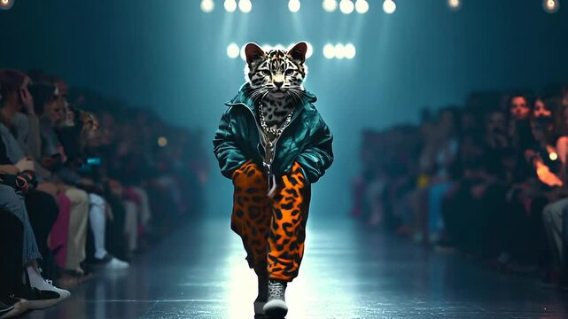 Fashionable Cat Walks Down Runway in Stylish Animal Print Clothing