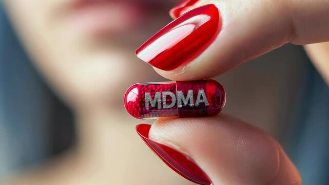 Close-Up of Red Capsule with MDMA Inscription in Woman's Hand