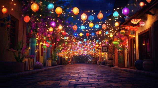 A cobblestone street lined with buildings illuminated by hanging lanterns.