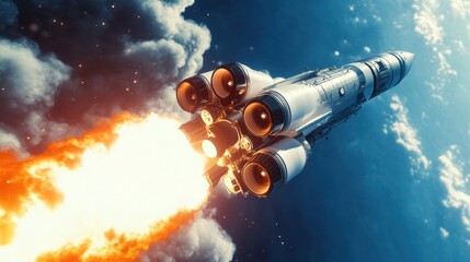 Obraz premium Powerful Rocket Launch Dramatic Spacecraft Ascending Through Fiery Exhaust and Clouds - Stock Photo