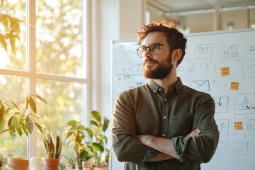 Professional planning session featuring a thoughtful man brainstorming strategies for advertising on a whiteboard in a bright, modern workspace with plants