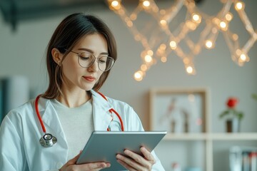 Young female doctor using tablet device in medical office with decorative lights, showcasing modern healthcare technology and professional environment
