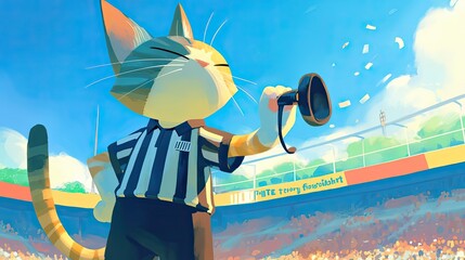 A Cat Dressed as a Referee Signals with a Whistle at a Stadium