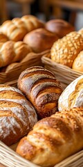 A variety of artisan breads showcased in woven baskets, highlighting crusty textures and diverse shapes. The warm setting enhances the inviting feel, perfect for a bakery or cafe atmosphere.