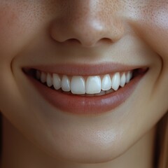 Fototapeta premium A close-up of a smiling woman showcasing a beautiful set of white teeth and healthy skin.