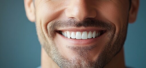 Obraz premium A close-up of a smiling man showcasing his bright, white teeth and well-groomed facial hair against a soft-focus background.