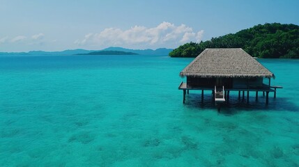 A serene tropical scene featuring a wooden hut on stilts over clear turquoise water, surrounded by lush greenery and distant islands under a bright blue sky.