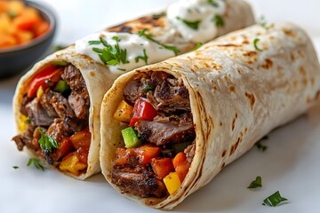 Beef burritos with grilled vegetables and sour cream, Mexican cuisine close-up