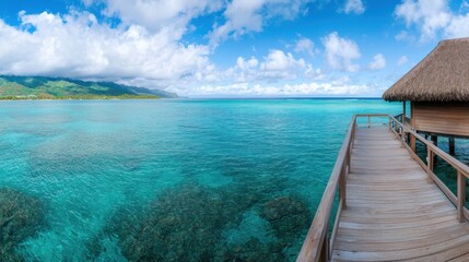 Fototapeta premium A serene wooden dock extends into crystal-clear turquoise waters under a bright sky with fluffy clouds, surrounded by lush greenery and distant mountains.