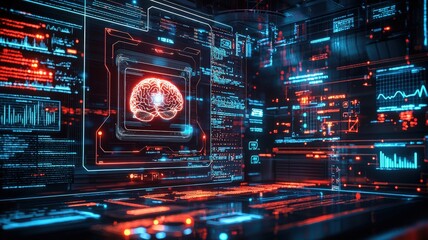 Obraz premium A futuristic digital interface featuring a glowing brain, surrounded by data visualizations and vibrant technology elements.