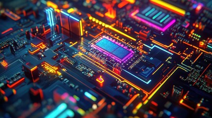 Obraz premium Vibrant Neon Circuit Board Close-Up of Glowing Electronic Components and Microchip - Abstract Technology Background