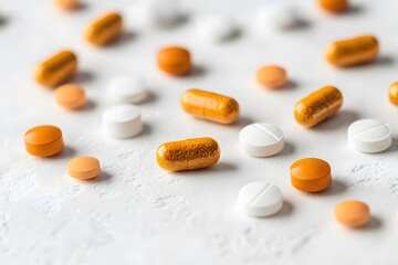 Yellow and white capsules and tablets on white background, pharmaceutical and supplement concept