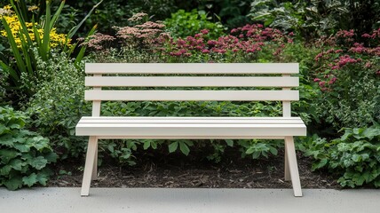 A simple wooden bench is surrounded by vibrant flowers and lush greenery in a tranquil garden setting.