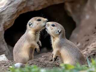 Fototapeta premium Adorable Black-tailed Prairie Dog Pups Showing Affection Close-Up Wildlife Photography
