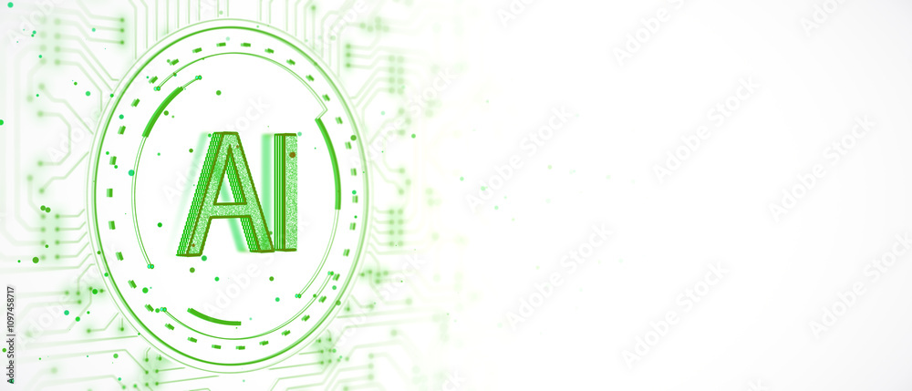 Poster futuristic ai technology concept with green circuit design on a white background. 3d rendering
