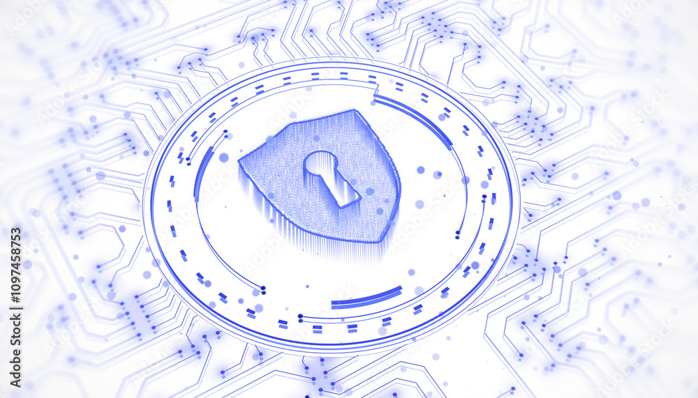 Poster Digital shield with a keyhole surrounded by circuits representing cybersecurity concept on a gradient light background. 3D Rendering