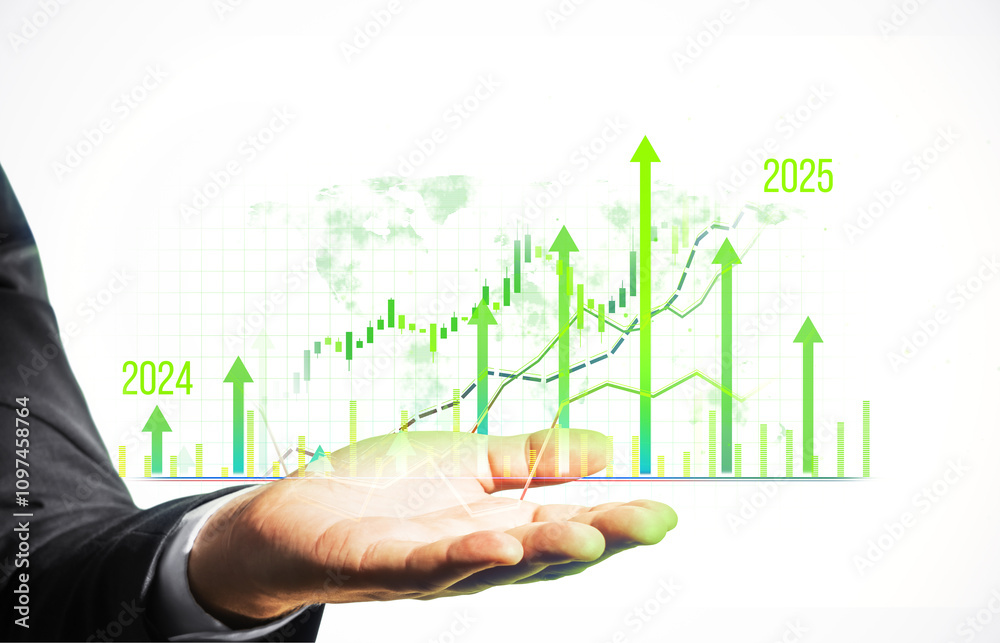 Poster businessman holding rising financial graph with green arrows and data projections for 2024 and 2025 