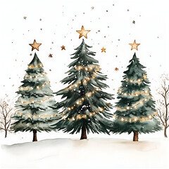 Watercolor Christmas trees in the snow with stars and lights on a neutral white background