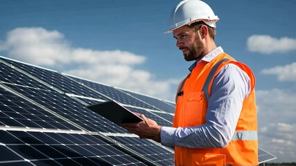 A worker in an orange vest and hard hat examines solar panels with a tablet outdoors.