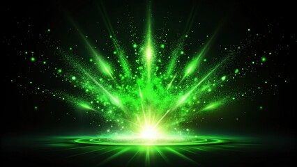 Fototapeta premium A radiant green energy explosion with sparkling particles and glowing rays emanating from a central point