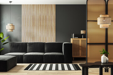 Modern living room interior with black sofa, rattan furniture, and wooden accents. Beige and brown tones with natural light. Daytime. 3D Rendering