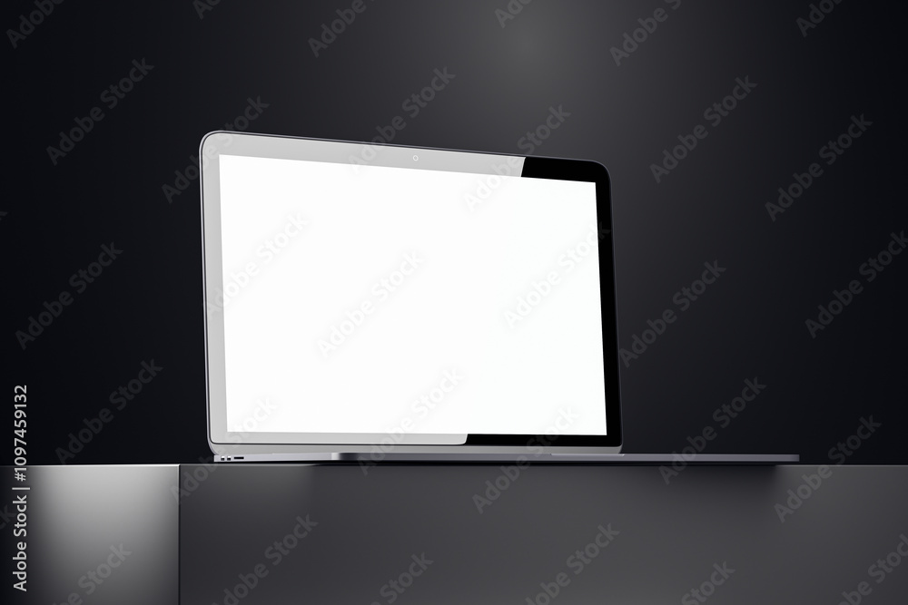 Aufkleber laptop with blank white display on a sleek podium in a dark studio setting. 3d rendering