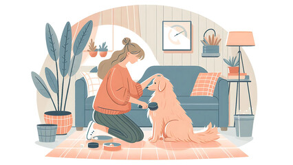 Girl Grooming Her Dog in a Cozy Living Room