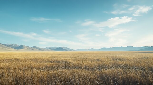 Serene Golden Grassland Under a Vast Blue Sky Breathtaking Panoramic View of Mountain Range and Endless Prairie