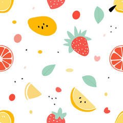 Cute cartoon vector-style graphic of a simple fruit pattern with lemon, strawberry, orange, seeds and leafy pattern on a white background.