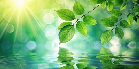 Naklejka premium Serene Reflection Vibrant green leaves mirrored in tranquil water, bathed in sunlight's gentle rays.