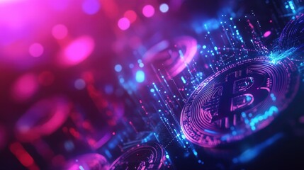 Abstract Neon Bitcoin Cryptocurrency Background Futuristic Digital Currency Concept with Glowing Lines and Particles