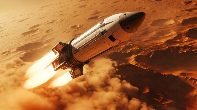 Mars Ascent SpaceX Starship Launching from Martian Surface, Dramatic 3D Render of Rocket Launch on Red Planet