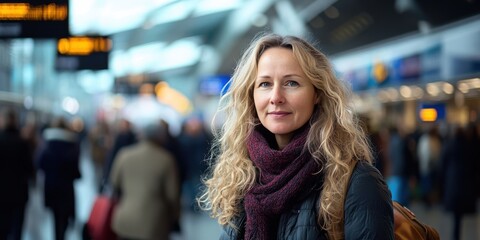 Fototapeta premium Confident Woman at Busy Airport Terminal with Travelers in Background