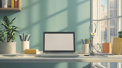 Fototapeta premium Modern Laptop Workspace With Plants And Supplies