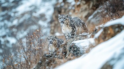Majestic Snow Leopards in Winter Wonderland Two Endangered Cats on Rocky Mountain Peak