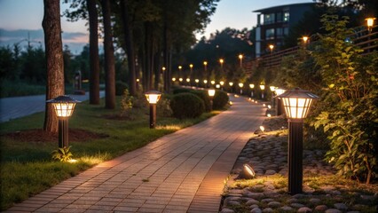 A vibrant pathway illuminated by embedded solar lamps showcasing a harmonious blend of light and power.