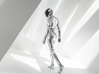 Futuristic Chrome Robot Woman Walking in Modern White Architectural Space AI, Technology, and Fashion Concept