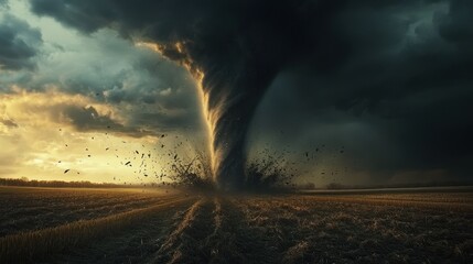 Dramatic Sunset Tornado Over Rural Field Powerful Nature Photography