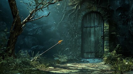 Mysterious stone archway door in a dark forest with an arrow on the ground.