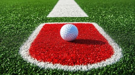 Golf Ball Positioned on a Sports Field with a Red Marking, Close-up, Green Turf Background, Perfect for Sports and Recreation Topics, Engaging Visual for Athletes and Enthusiasts