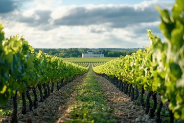 Obraz premium Picturesque Vineyard Rows Leading to Chateau French Countryside Landscape at Sunset