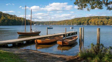 Fototapeta premium Tranquil Scenic View of Wooden Boats at a Serene Dock on a Peaceful Lake Surrounded by Lush Green Forest and Beautiful Blue Sky