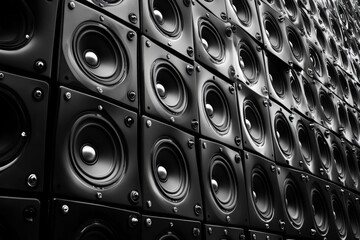 A striking display of stacked black speakers in a modern music venue during an evening sound check