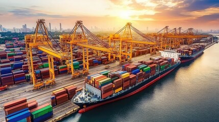 Naklejka premium Aerial View of Busy Shipping Port with Cargo Ship and Container Stacks Under Vibrant Sunset Sky in Urban Setting