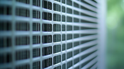 Close up of air conditioner condenser showing its metal mesh filter, highlighting intricate design and structure. image conveys sense of coolness and efficiency