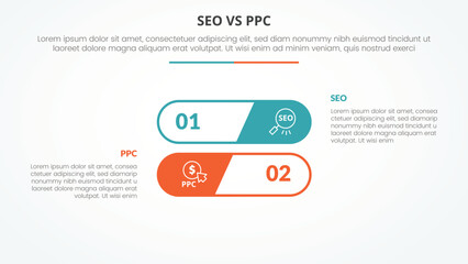 seo vs ppc advertising comparison opposite infographic concept for slide presentation with round outline stack shape with flat style
