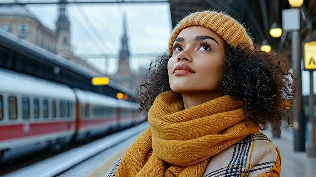 A woman in a yellow scarf and hat gazes thoughtfully at a train station.