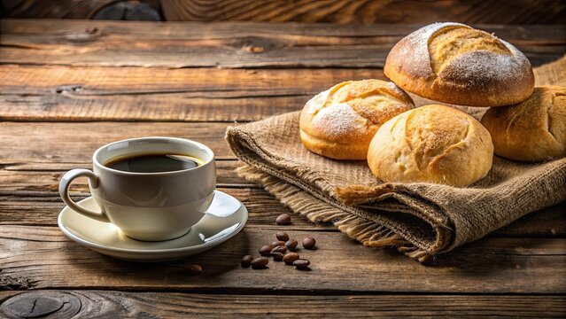 Traditional Brazilian broa bread served with a cup of coffee on a rustic table, Brazilian, broa, bread, corn flour, coffee