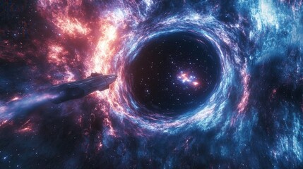 Spaceship Approaching a Wormhole in a Vibrant Nebula Cosmic Exploration and Sci-Fi Travel Stock Photo