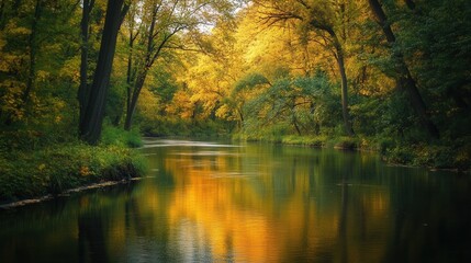 Fototapeta premium Serene Autumn River Golden Reflection in a Calm Forest Stream - Picturesque Nature Photography
